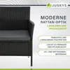 A close-up of a black rattan garden bench with grey cushions, accompanied by marketing text highlighting its features. Náhľad obrázku produktu