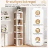A corner of a room with a white five-tier corner shelf unit filled with books and decorative items, next to a window with blinds. Anteprima dell’immagine prodotto