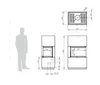 Technical drawing of a fireplace with dimensions and a silhouette of a person for scale. Produktbild-Vorschau