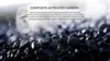 Close-up of activated carbon particles with smoke rising, overlaid with marketing text. Produktbild-Vorschau