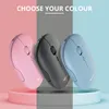 Three wireless computer mice in different colors (pink, gray, and blue) are displayed on pedestals against a split-color background. Produktbild-Vorschau