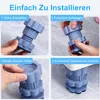 A collage of four images showing the steps to install washing machine feet. Produktbild-Vorschau