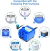 A collage of different pet water fountains and a blue water pump, with text indicating compatibility. Produktbild-Vorschau