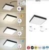 A collage of images showing a square ceiling light with a black frame and white diffuser, demonstrating different light color temperatures and dimming levels, along with product dimensions. Anteprima dell’immagine prodotto