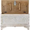 An open wooden chest with intricate carvings on the front, displayed against a white background. Voir les images du produit
