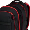 Close-up view of a black backpack with red trim and zippers. Podgląd zdjęcia produktu