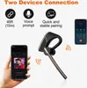 A marketing image showing a Bluetooth headset and two smartphones, illustrating its connectivity features. Podgląd zdjęcia produktu