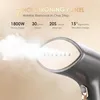 Close-up of a handheld garment steamer emitting steam, with marketing text highlighting its features. Náhľad obrázku produktu