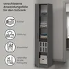 A tall, narrow gray cabinet is shown open, displaying neatly folded clothes and storage boxes on its shelves. To the left, there are icons and text in German indicating different uses for the cabinet, such as for books, clothing, office supplies, and clean Produktbild-Vorschau