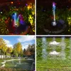 A collage of four images showing a solar-powered fountain with LED lights in different settings, including a garden at night and a pond during the day. Produktbild-Vorschau
