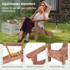 A woman sits in a wooden Adirondack chair outdoors, drinking from a glass. The image includes close-ups of the chair's features with text overlays. Produktbild-Vorschau
