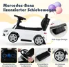 A white Mercedes-Benz ride-on car with various features highlighted through text and inset images. Produktbild-Vorschau