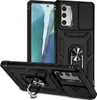 A black phone case with a sliding camera cover and a ring holder is shown from multiple angles against a white background. Produktbild-Vorschau