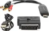 A collection of cables and adapters for video and audio transfer, including a USB 2.0 connector, RCA connectors, and a SCART connector. Voir les images du produit