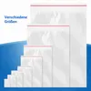 A collection of resealable plastic bags of various sizes arranged in a diagonal line. Produktbild-Vorschau