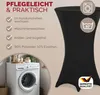 A black stretch table cover is shown on a high table, with accompanying text and icons highlighting its features. A washing machine is also shown in the background. Anteprima dell’immagine prodotto