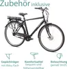 A black electric bicycle is shown with three feature icons and descriptive text below. Voir les images du produit