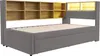 A grey upholstered bed frame with a wooden headboard featuring multiple shelves and integrated LED lighting. Produktbild-Vorschau