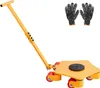 A yellow furniture dolly with a handle and a pair of black and gray work gloves on a white background. Podgląd zdjęcia produktu