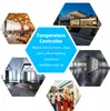 Collage of various locations where a temperature controller might be used, with central text describing its applications. Podgląd zdjęcia produktu