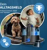A collage showing a dog in a car, a sleeping baby, and a cleaning device, with icons representing pets and babies. Produktbild-Vorschau
