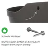 Close-up of a dark gray planter with a hanging mechanism, accompanied by an illustration of screws and text indicating easy installation. Produktbild-Vorschau