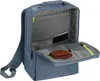 An open blue backpack with internal compartments visible, showing a wallet, notebook, and pen. Produktbild-Vorschau