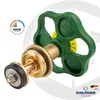 A close-up studio shot of a plumbing valve component with a green handle. Náhled obrázku produktu