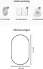 An image showing the contents of a package and the dimensions of a mirror. Produktbild-Vorschau