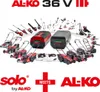 A collage of AL-KO 36V battery-powered garden tools, including lawnmowers, trimmers, and blowers, along with batteries and chargers. Produktbild-Vorschau