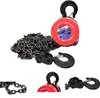 A red chain hoist with a black chain and hooks, presented on a white background with several close-up views of its components. Náhled obrázku produktu