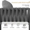 Close-up of a grey woven outdoor furniture set with descriptive text and icons. Produktbild-Vorschau