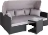 A grey rattan lounge sofa with a canopy and cushions, next to a small glass-topped table. Náhled obrázku produktu