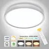 A modern, round LED ceiling light with various feature callouts and a remote control. Produktbild-Vorschau