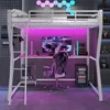 A gaming loft bed setup with a desk, computer, and gaming chair illuminated by pink and blue LED lights. Produktbild-Vorschau