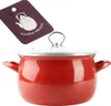 A red enamel pot with a glass lid and a product tag. Náhľad obrázku produktu