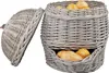 A wicker basket for storing potatoes, with a lid slightly ajar, and potatoes visible inside. Produktbild-Vorschau