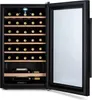 An open wine refrigerator filled with wine bottles, showing its interior shelves and bottles. Produktbild-Vorschau