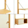 Collage of four close-up images showing different parts of a wooden wall shelf with a white sliding door. Voir les images du produit