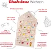 A fabric advent calendar shaped like a house with 24 numbered pockets, featuring various Christmas-themed embroidered designs. Text and illustrations highlight its features. Produktbild-Vorschau