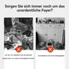 A split image showing a messy foyer with shoes scattered on the left and a tidy foyer with shoes stored in a cabinet on the right. Produktbild-Vorschau