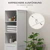 A close-up of a white bathroom cabinet with an inset showing how to attach it to the wall for stability. Produktbild-Vorschau