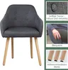 A dark gray armchair with wooden legs, shown from the front, with close-up insets highlighting texture, comfort, and adjustable legs. Produktbild-Vorschau