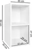 A white, two-shelf shelving unit with dimensions indicated by black lines and text. Produktbild-Vorschau