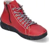 A red leather boot with black sole and gray laces is shown against a white background. Produktbild-Vorschau