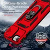 A red phone case with a ring holder is shown on a rocky, mountainous background. Produktbild-Vorschau