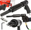 A collage of images showing a needle scaler tool and its accessories, along with its packaging. Produktbild-Vorschau