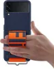 A hand holding a blue Samsung Galaxy Z Flip 3 phone case with an orange strap. Produktbild-Vorschau