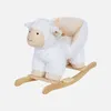 A white plush sheep rocking toy for children, with wooden rockers. Produktbild-Vorschau