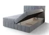 A grey upholstered bed frame with the storage compartment open, revealing the interior. Náhled obrázku produktu